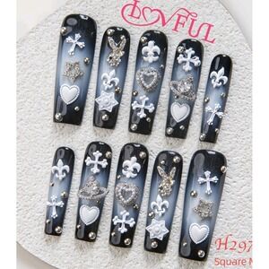 Lovful Black Ombre Gothic Cross Heart Rhinestone Press On Nails Mid Coffin Large
